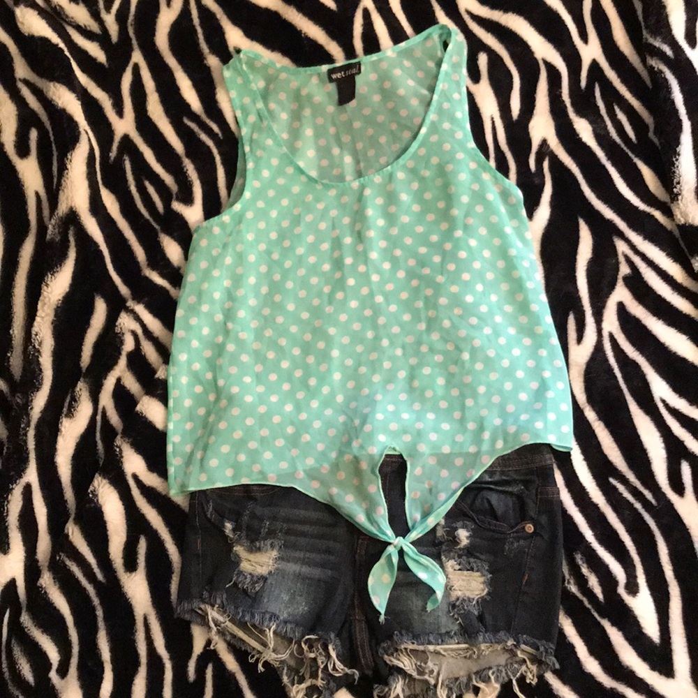Wetseal teal polka dot sheer tank top